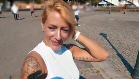 German blonde tattoo fitness slut picked up on street