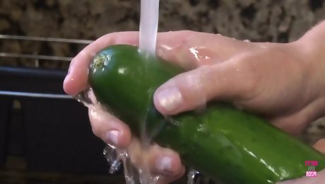 A Desperate Housewife Uses Cucumber and Carrot as a Substitute for a Big Hard Cock