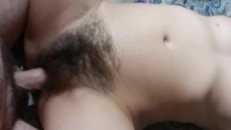 Hairy Cock in a Hairy Pussy! Moaning and taking slapping balls on my back!