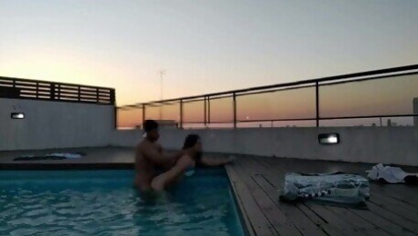 cumming a lot in the pool at a beautiful sunset - accounter adventure