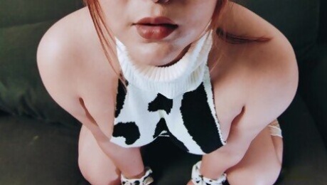 Thai woman in Cow Costume playing juice pussy and anal with New Black Dildo