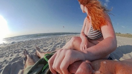 SURFERS APPROACHING RUINED HIS ORGASM! Interrupted Risky Public Beach Handjob Cum - Ginger Ale MILF